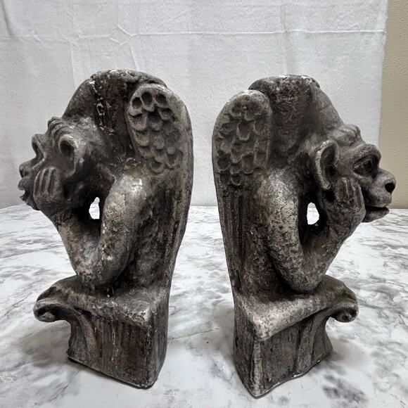 VTG Gargoyles Studio Chalkware Candle Holders New York Pair Gray Gothic Medieval - Picture 5 of 11